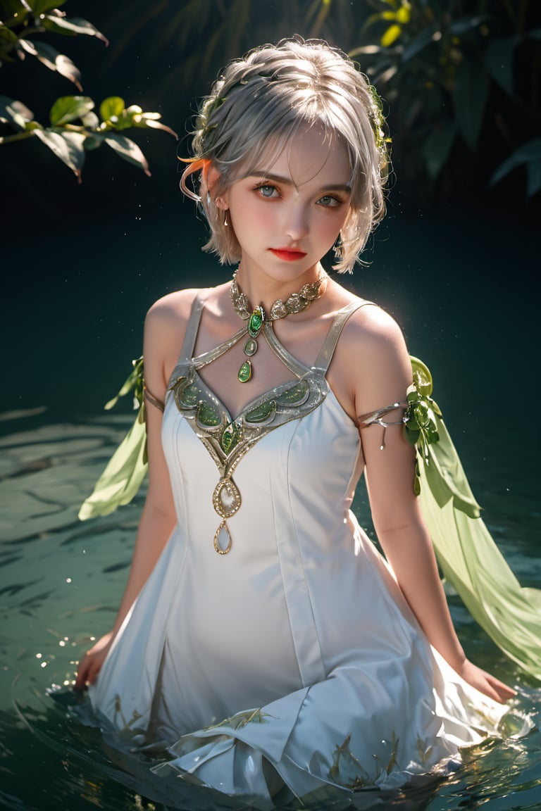 full body photo,dramatic light, fluorescent river,Floating on water, body wet,She was using her hands to collect water ,Hand holding water like a beggar.,,Nahida,green jewelry ,green eyes,silver hair,green collar,white and green dress,short dress,
Detailed pattern on the dress,small body,upper body,hair between eyes,windy,,detailed face, detailed eyes, detailed lips, beautiful woman, hourglass figure, natural lighting, high quality, hyperrealistic, 8k, cinematic, dramatic lighting, chiaroscuro, neoclassical, oil painting,