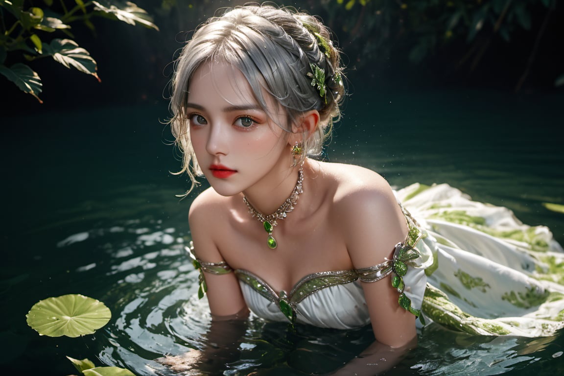 full body photo,dramatic light, fluorescent river,Floating on water, body wet,She was using her hands to collect water ,Hand holding water like a beggar.,,Nahida,green jewelry ,green eyes,silver hair,green collar,white and green dress,short dress,
Detailed pattern on the dress,small body,upper body,hair between eyes,windy,,detailed face, detailed eyes, detailed lips, beautiful woman, hourglass figure, natural lighting, high quality, hyperrealistic, 8k, cinematic, dramatic lighting, chiaroscuro, neoclassical, oil painting,