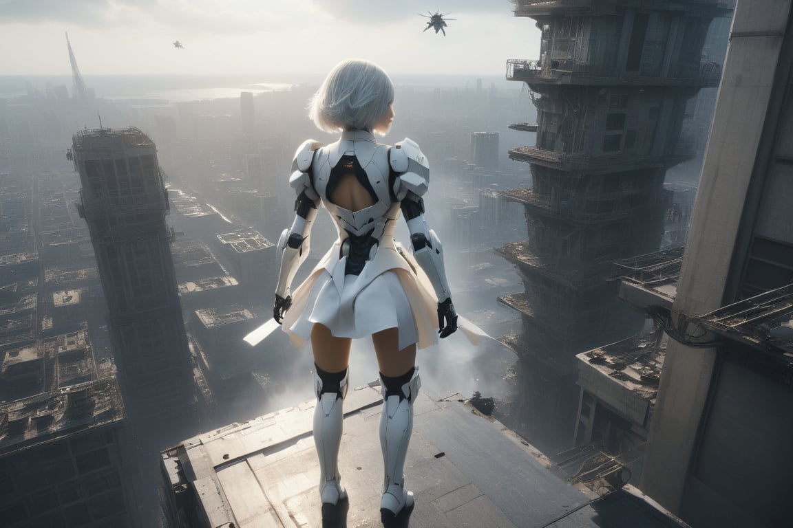 cinematic film still,score_9,score_8_up,score_7_up,masterpiece,best quality,8k,dramatic light,abadon city, dramatic,gundam mobil suit leg, realistic,2b,nier automata,detailed face, silver hair,pantie,white suit,gundam suit,jump out of tower,torn cloth,detailed skirt,cybrog leg,Floating above the top of the building,ass,ass focus,view form back
,,  ,