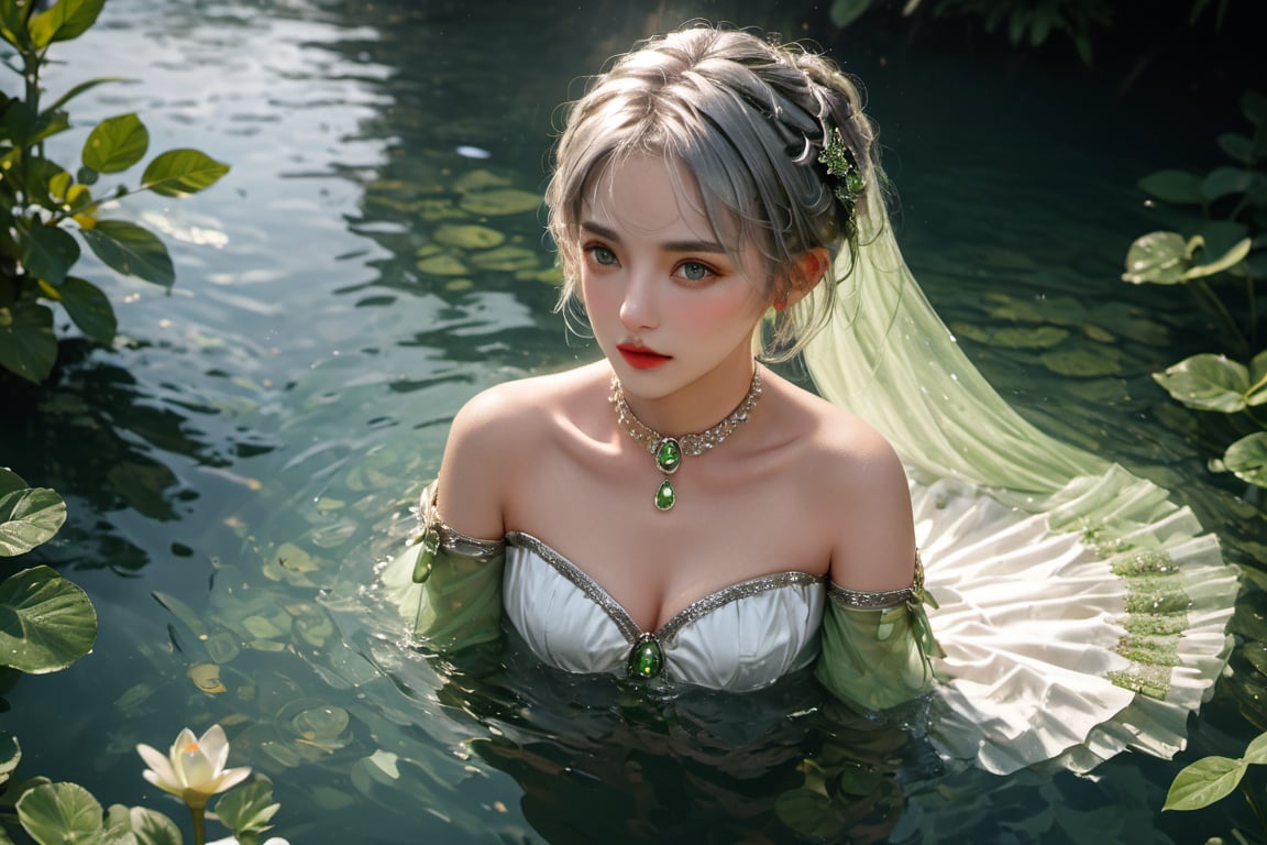 full body photo,dramatic light, fluorescent river,Floating on water, body wet,She was using her hands to collect water ,Hand holding water like a beggar.,,Nahida,green jewelry ,green eyes,silver hair,green collar,white and green dress,short dress,
Detailed pattern on the dress,small body,upper body,hair between eyes,windy,,detailed face, detailed eyes, detailed lips, beautiful woman, hourglass figure, natural lighting, high quality, hyperrealistic, 8k, cinematic, dramatic lighting, chiaroscuro, neoclassical, oil painting,