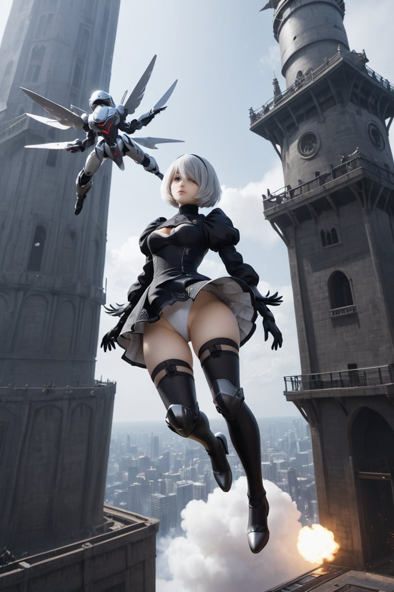  ,2b,nier automata, silver hair,pantie,jump out of tower,cybrog wing,gundam mobil suit armor,fighting whith drone