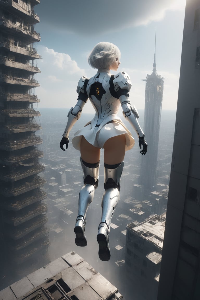 cinematic film still,score_9,score_8_up,score_7_up,masterpiece,best quality,8k,dramatic light,abadon city, dramatic,gundam mobil suit leg, realistic,2b,nier automata,detailed face, silver hair,pantie,white suit,gundam suit,jump out of tower,torn cloth,detailed skirt,cybrog leg,Floating above the top of the building,ass,ass focus,view form back
,,  ,