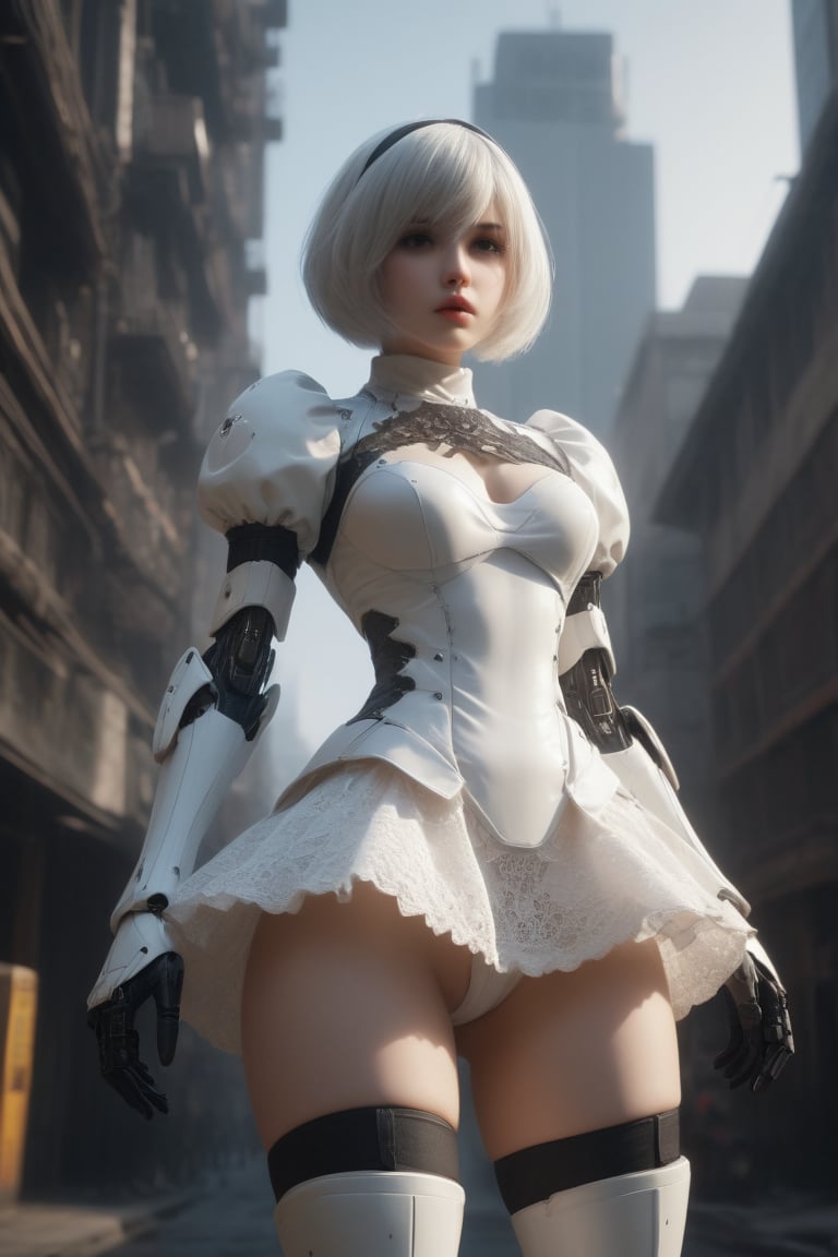 nspired,masterpieceabadon city,2b,nier automata, mecha armor, realistic, ,white suit,mecha leg,mecha back,neon suit,detailed white skirt,beautiful face, Highly detailed face, Highly detailed skin, Highly detailed eyes, hair follicles, subsurface scattering, realistic pupils, big breast, full face blush, Full lips, Detailed background, depth of field, Volumetric light, Sharp focus, nonsense, realistic proportions, good anatomy, (realistic, hyperrealistic:1.4), 16k hdr,sexy pose,lace pantie,upskirt,low angle shot