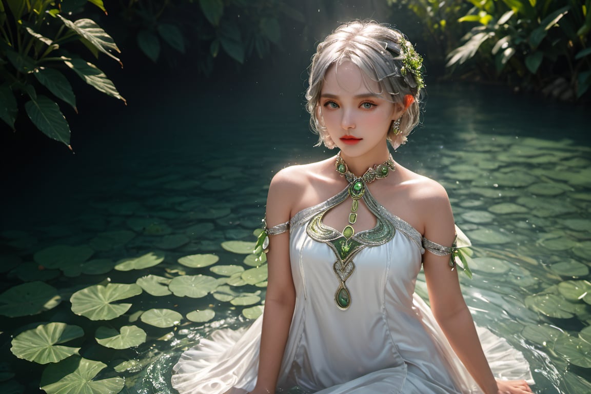 full body photo,dramatic light, fluorescent river,Floating on water, body wet,She was using her hands to collect water ,Hand holding water like a beggar.,,Nahida,green jewelry ,green eyes,silver hair,green collar,white and green dress,short dress,
Detailed pattern on the dress,small body,upper body,hair between eyes,windy,,detailed face, detailed eyes, detailed lips, beautiful woman, hourglass figure, natural lighting, high quality, hyperrealistic, 8k, cinematic, dramatic lighting, chiaroscuro, neoclassical, oil painting,