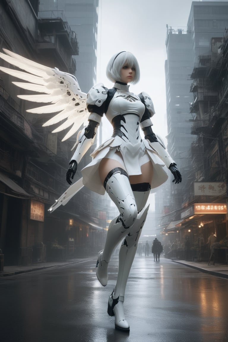 nspired,masterpieceabadon city,2b,nier automata, mecha armor, realistic, ,white suit,mecha leg,neon suit,detailed white skirt,mecha wing,