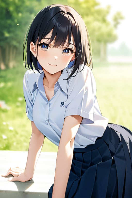 A stunning masterpiece captures a young Thai student proudly wearing her traditional school uniform, featuring a vibrant blue skirt adorned with intricate white trim. Soft morning light illuminates the scene, casting a warm glow on the subject's gentle smile as she stands confidently in front of a serene green background.,Thai school uniform