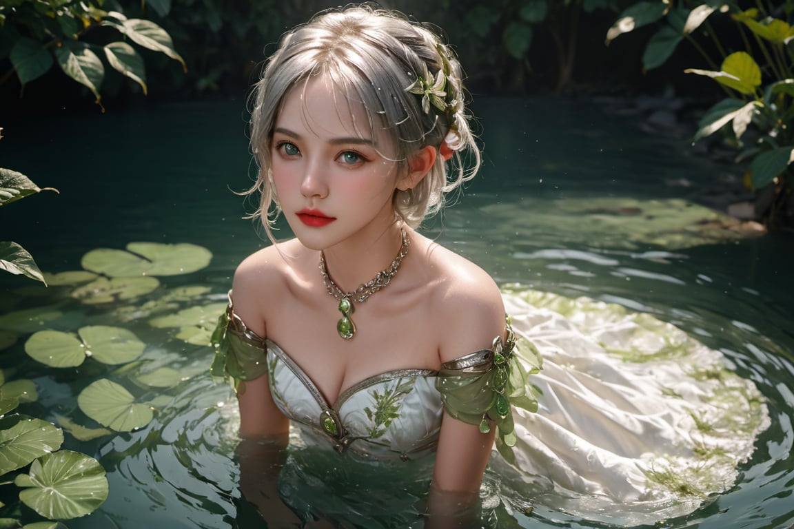 full body photo,dramatic light, fluorescent river,Floating on water, body wet,She was using her hands to collect water ,Hand holding water like a beggar.,,Nahida,green jewelry ,green eyes,silver hair,green collar,white and green dress,short dress,
Detailed pattern on the dress,small body,upper body,hair between eyes,windy,,detailed face, detailed eyes, detailed lips, beautiful woman, hourglass figure, natural lighting, high quality, hyperrealistic, 8k, cinematic, dramatic lighting, chiaroscuro, neoclassical, oil painting,