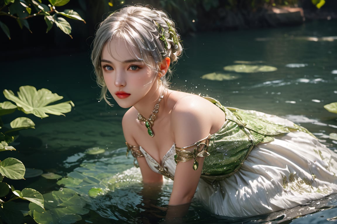 full body photo,dramatic light, fluorescent river,Floating on water, body wet,She was using her hands to collect water ,Hand holding water like a beggar.,,Nahida,green jewelry ,green eyes,silver hair,green collar,white and green dress,short dress,
Detailed pattern on the dress,small body,upper body,hair between eyes,windy,,detailed face, detailed eyes, detailed lips, beautiful woman, hourglass figure, natural lighting, high quality, hyperrealistic, 8k, cinematic, dramatic lighting, chiaroscuro, neoclassical, oil painting,