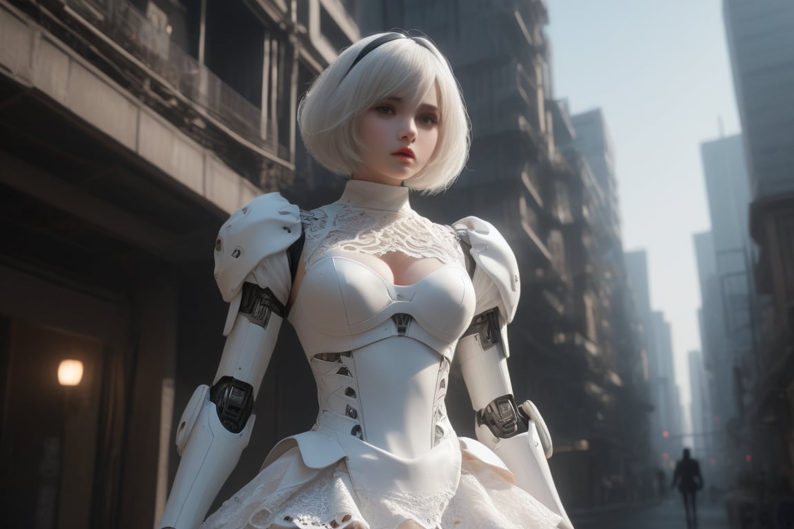 nspired,masterpieceabadon city,2b,nier automata, mecha armor, realistic, ,white suit,mecha leg,mecha back,neon suit,detailed white skirt,beautiful face, Highly detailed face, Highly detailed skin, Highly detailed eyes, hair follicles, subsurface scattering, realistic pupils, big breast, full face blush, Full lips, Detailed background, depth of field, Volumetric light, Sharp focus, nonsense, realistic proportions, good anatomy, (realistic, hyperrealistic:1.4), 16k hdr,sexy pose,lace pantie,upskirt,low angle shot