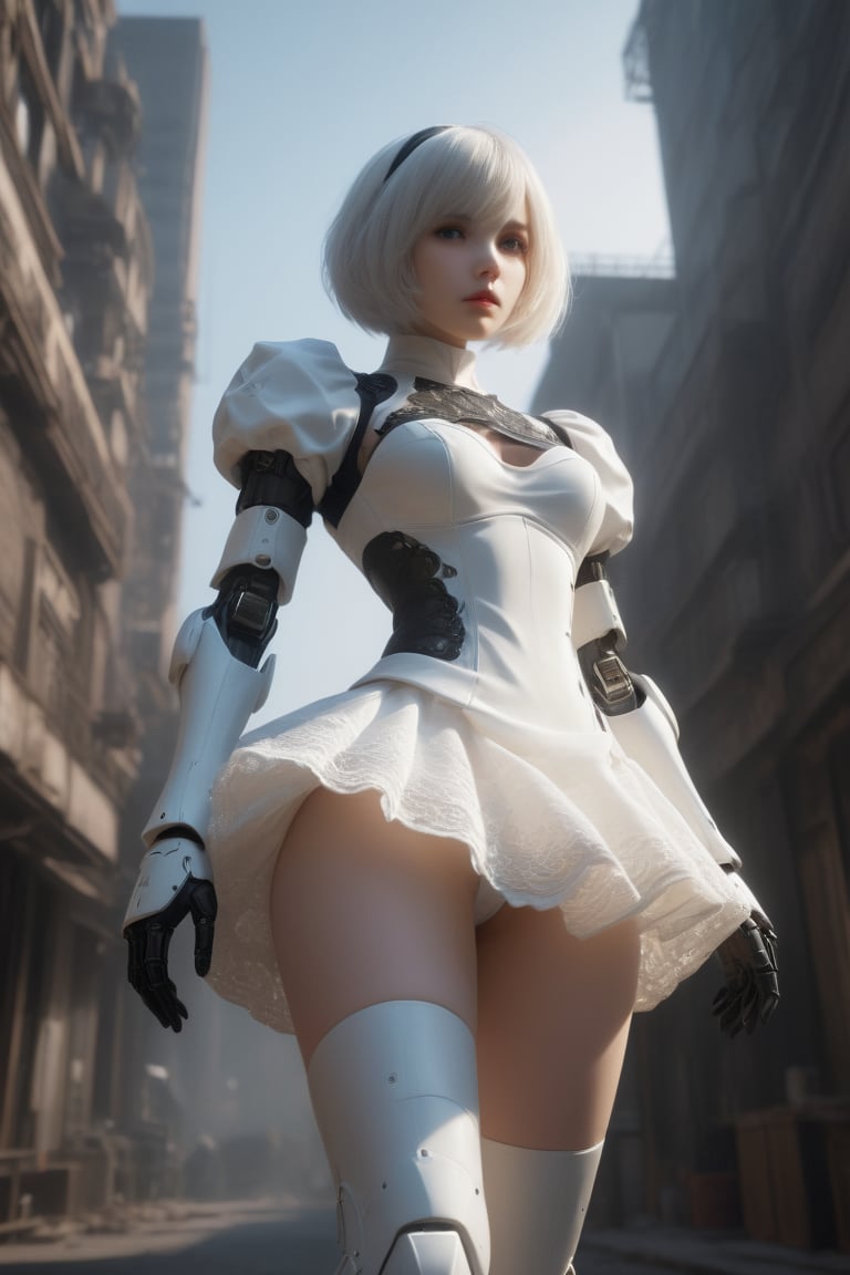 nspired,masterpieceabadon city,2b,nier automata, mecha armor, realistic, ,white suit,mecha leg,mecha back,neon suit,detailed white skirt,beautiful face, Highly detailed face, Highly detailed skin, Highly detailed eyes, hair follicles, subsurface scattering, realistic pupils, big breast, full face blush, Full lips, Detailed background, depth of field, Volumetric light, Sharp focus, nonsense, realistic proportions, good anatomy, (realistic, hyperrealistic:1.4), 16k hdr,sexy pose,lace pantie,upskirt,low angle shot