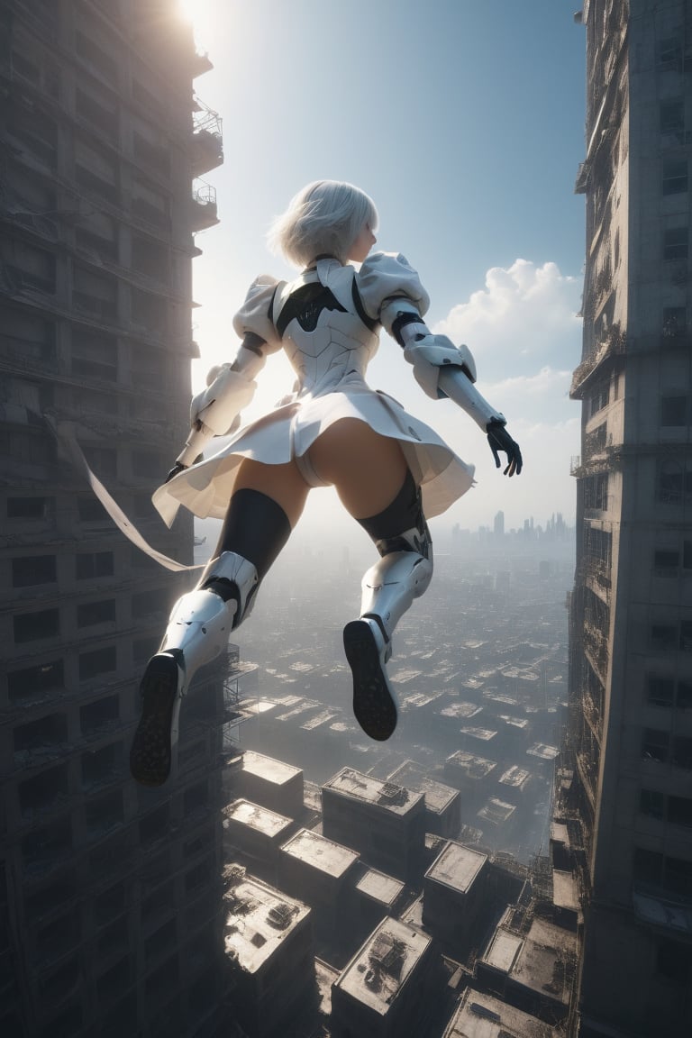 cinematic film still,score_9,score_8_up,score_7_up,masterpiece,best quality,8k,dramatic light,abadon city, dramatic,gundam mobil suit leg, realistic,2b,nier automata,detailed face, silver hair,pantie,white suit,gundam suit,jump out of tower,torn cloth,detailed skirt,cybrog leg,Floating above the top of the building,ass,ass focus,view form back
,,  ,