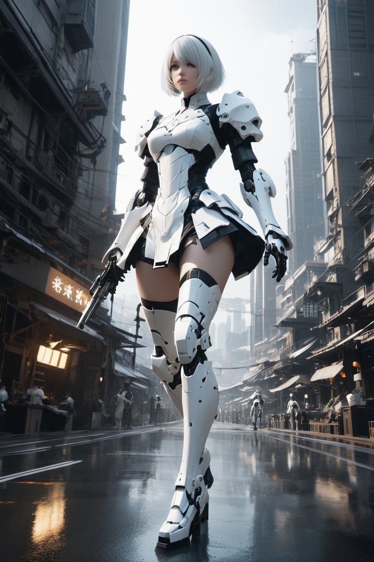 nspired,masterpieceabadon city,2b,nier automata, mecha armor, realistic, ,white suit,mecha leg,neon suit,detailed white skirt,mecha wing,