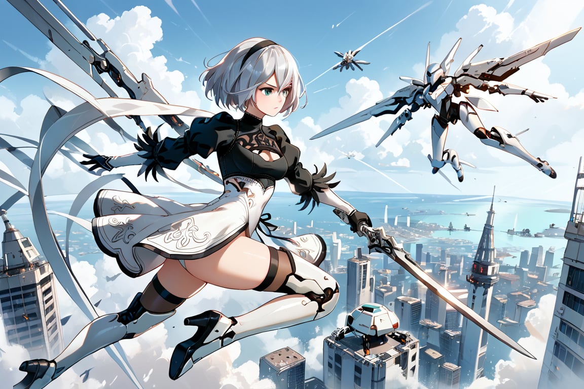  ,2b,nier automata, silver hair,pantie,jump out of tower,cybrog wing,gundam mobil suit armor,fighting whith drone,score_9,score_8_up,score_7_up,source_anime