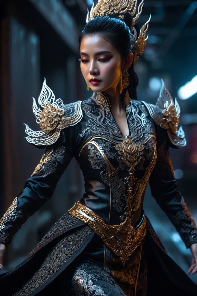 ,cyberpunk, dark angle, realistic, thai dress, beautiful movement, highly detailed skin, skin pores,