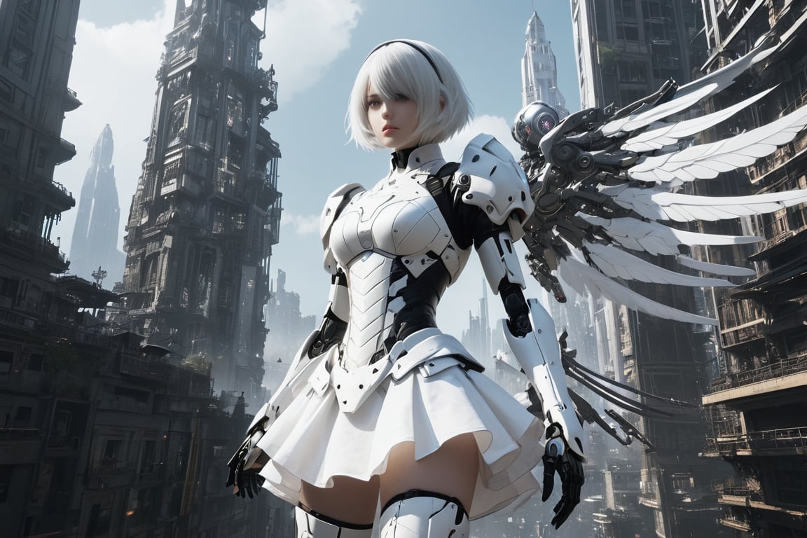 nspired,masterpieceabadon city,2b,nier automata, mecha armor, realistic, ,white suit,mecha leg,neon suit,detailed white skirt,mecha wing,