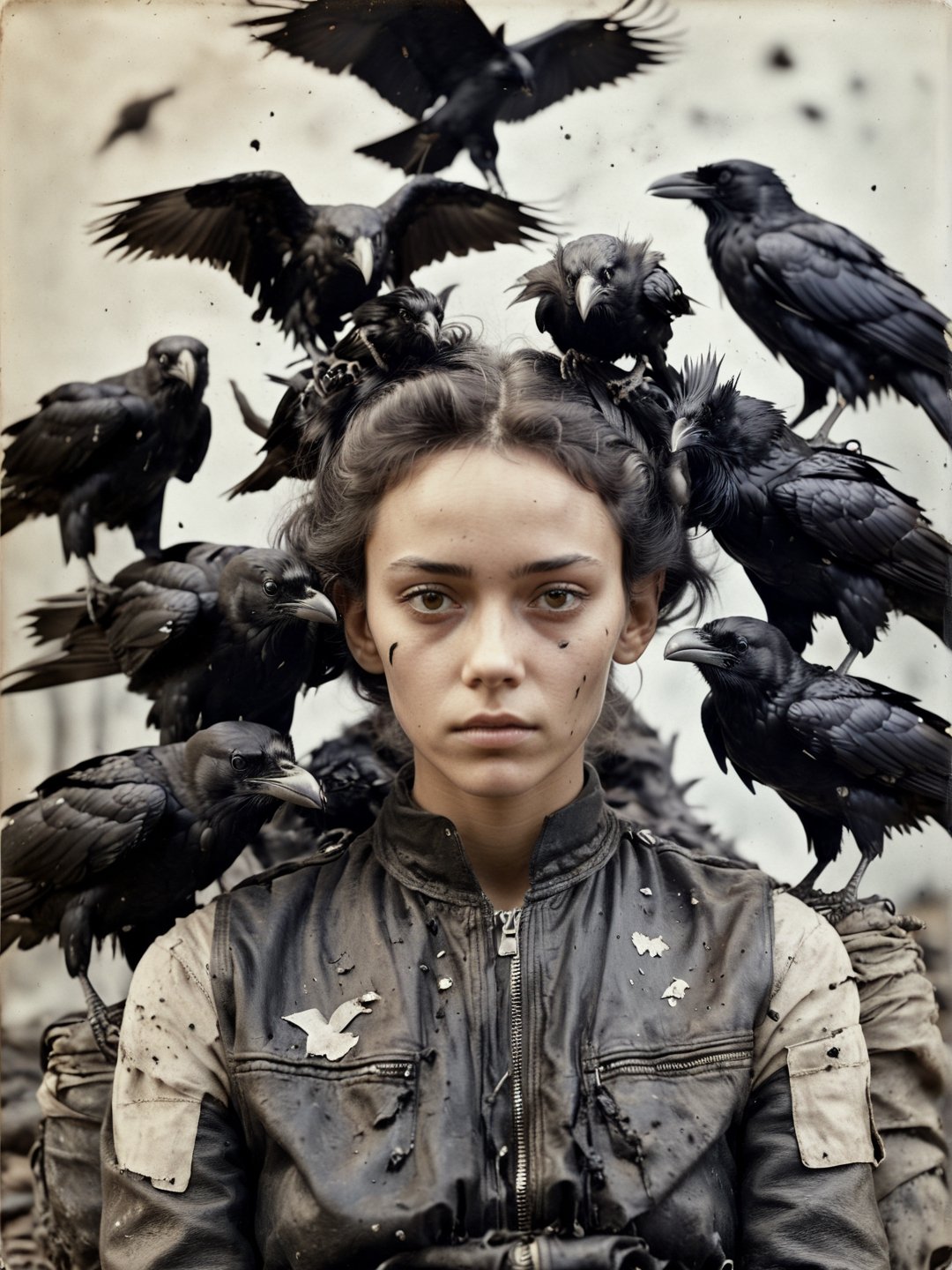 dark color shot of a beautiful woman, skin black like oil, laying down on a big pile of ravens, messy chrome hair, closeup, big ears, naturally_censored, looking_at_viewer,cinematic  moviemaker style