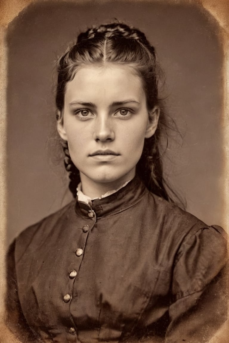 Sepia tone photo US Marshall circa 1880. Rugged white young woman. A look of fierce determination in his eyes. by Matthew Brady
