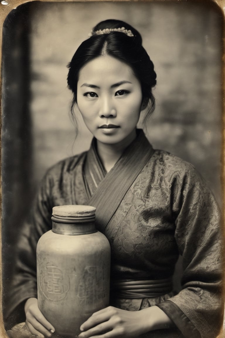 Tintype photograph featuring a beautiful asiatic woman with a sly expression, 35 y.o, bad skin, placed beside an abandoned jar in an eerie setting.