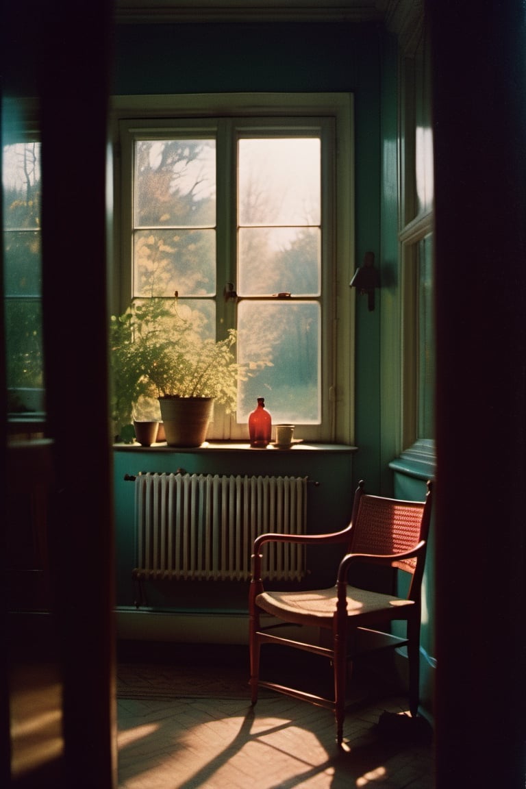 Clean, random film stills, a empty chair, in the style of gothic references, twilight light, movie still, in the style of Contemporary photography, summer, the sun shone through the window. in the style of laura makabresku, There are several light brown exudes an artist's temperament. werner herzog, light crimson and aquamarine, in the style of fujifilm fujicolor c200, redpetzval 85mm f/ 2. 2, dreamy,analog,AnalogRedmAF