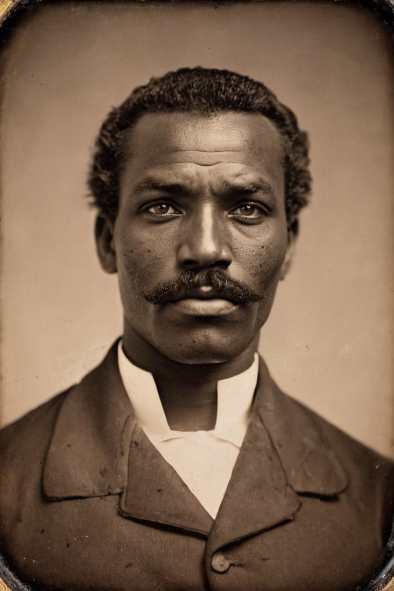 Sepia tone photo US Marshall circa 1880. Rugged black slave man. A look of fierce determination in his eyes. Thick black mustache. by Matthew Brady
