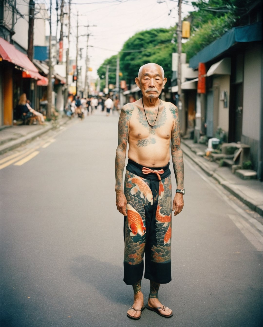 Instagram street-style photo of an old yakusa Japanese bored man, only 1 arm fully tattooed with koi fish, shot on Kodak Ektar 100, soft lense, mid-full length,analog