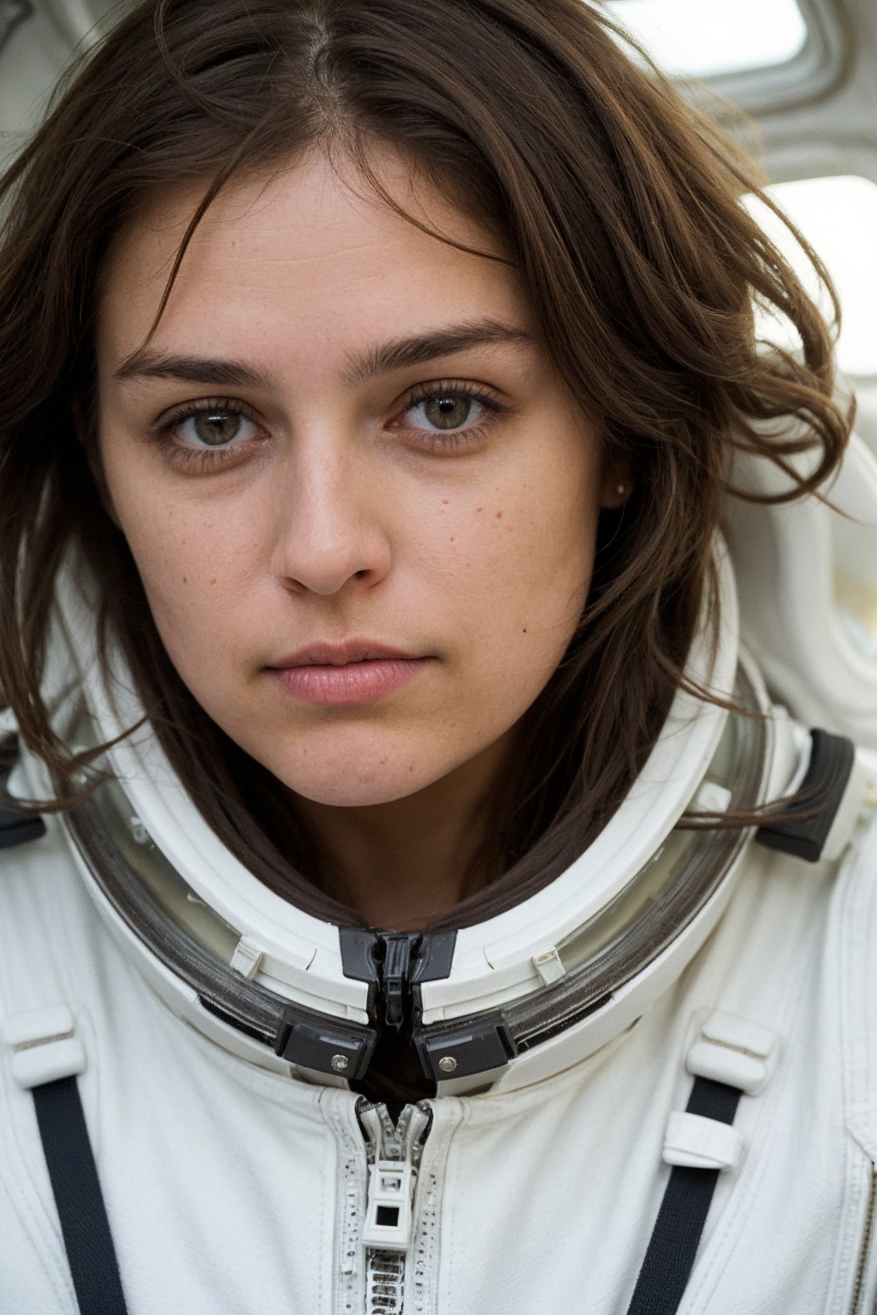 a photo of a messy brown hair woman, unbuttoned white space suit, cleavage, inside spaceship, attractive, looking at viewer, hyperdetailed, closeup