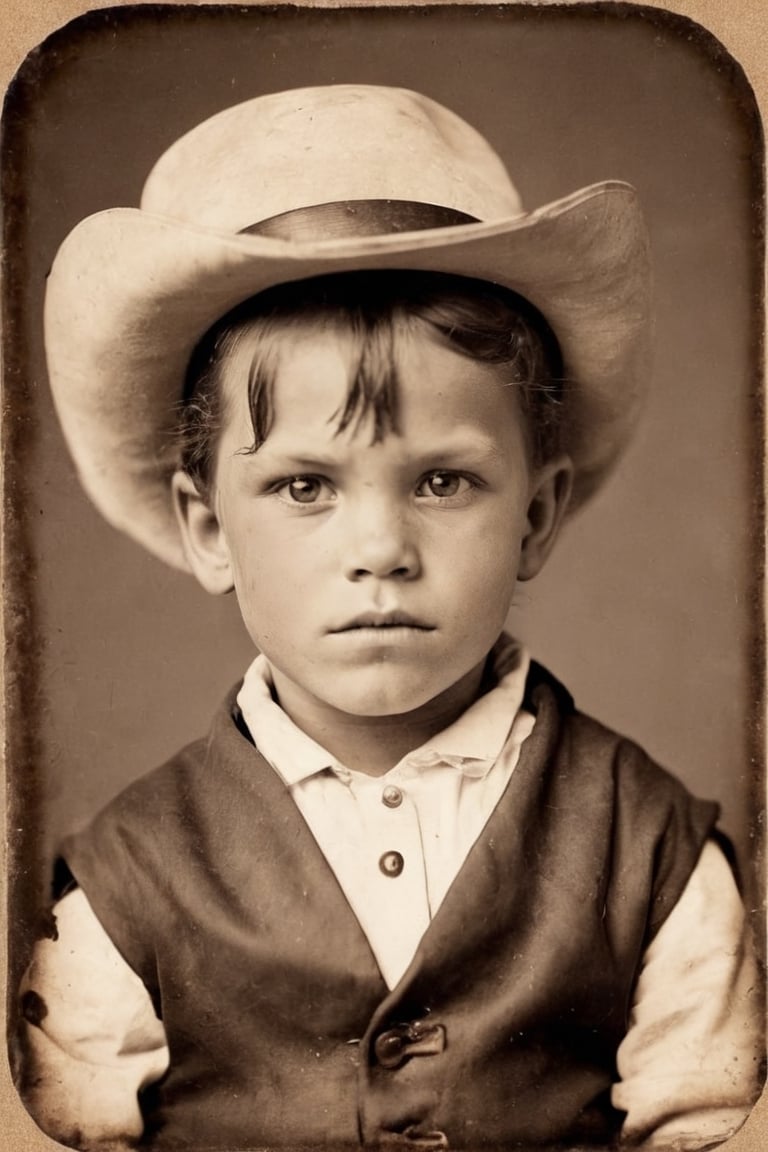 Sepia tone photo US Marshall circa 1880. Rugged white child. A look of fierce determination in his eyes. by Matthew Brady
