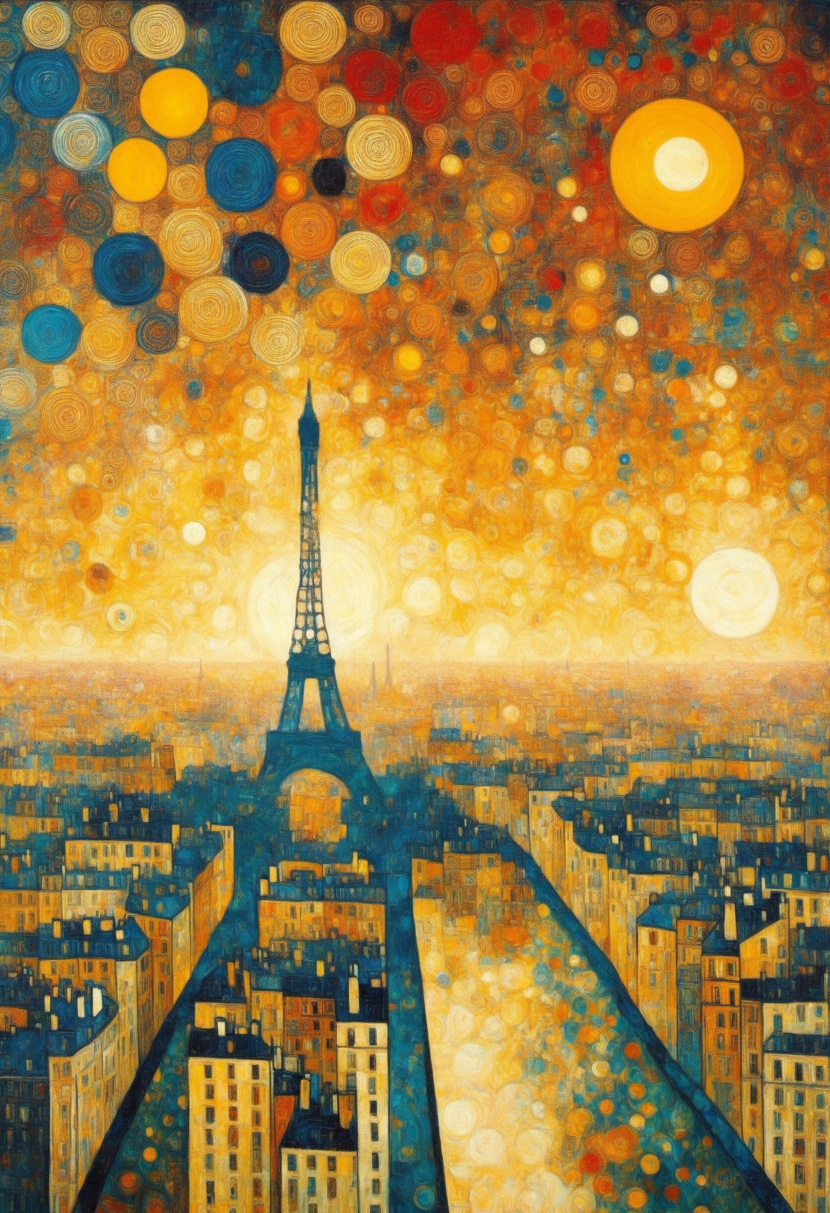 Abstract painting of the sun, rising over Paris city, art by Gustav Klimt, master piece