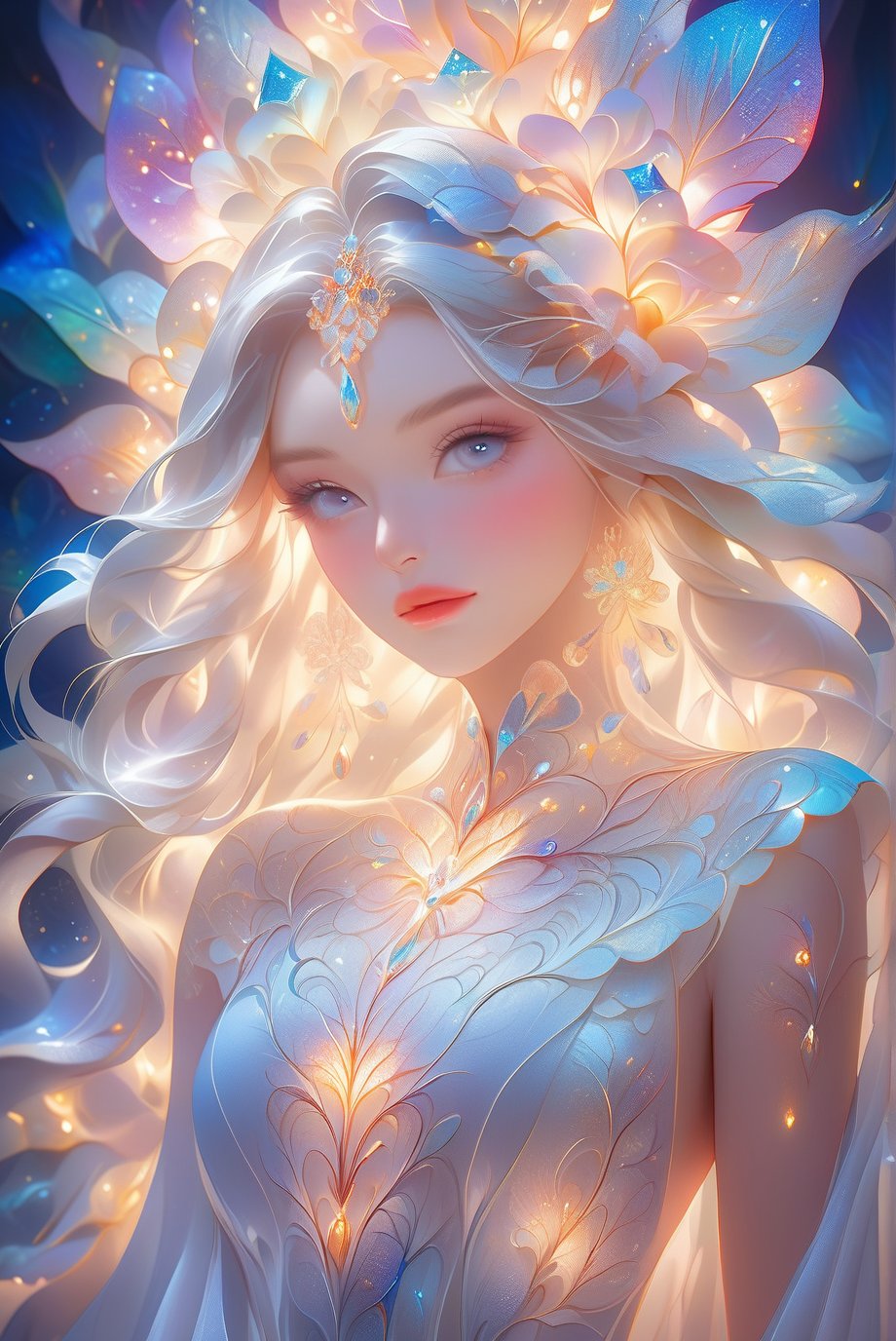 Fashion shoot, beautiful goddess, perfect face and eyes, multi-color oil painting, Miki Asai macro photography, long white hair, dreamy realism and sharp focus, mysterious filigree elements, filigree red drops, symmetry figure, luminous, fantasy art, watce, golden natural appearance, luminous crystal
