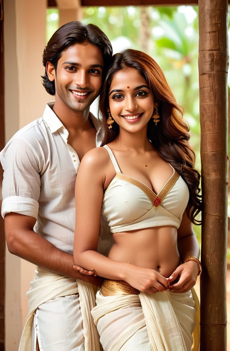 Beautiful kerala couple  photo, fair skinned and handsome man, man wearing traditional kerala dhoti without shirt, beautiful fair skinned lady, (freckles), big smile, brown eyes, long hair, hyperdetailed photography, soft light, full-length_portrait, cover,Beautiful kerala girl, light_body, full_body, Kerala dhavani, show belly_button, transparent, standing, Kerala traditional skirt and blouse, detailmaster2,Extremely Realistic, show_legs