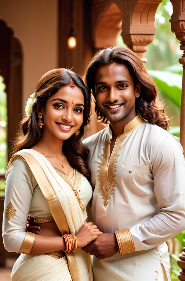 Beautiful kerala couple wedding photo, dark skinned and handsome man, man wearing traditional kerala dhoti and kurta, beautiful dark skinned lady, (freckles), big smile, brown eyes, long hair, hyperdetailed photography, soft light, full-length_portrait, cover,Beautiful Indian girl, light_body, full_body, Kerala saree, show belly_button, transparent, standing, Saree, detailmaster2,Extremely Realistic, show_legs