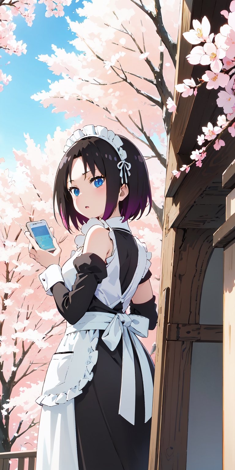 1girl, maid, maid headdress, maid apron, cherry blossoms, sunbeam, wallpaper,elma joui