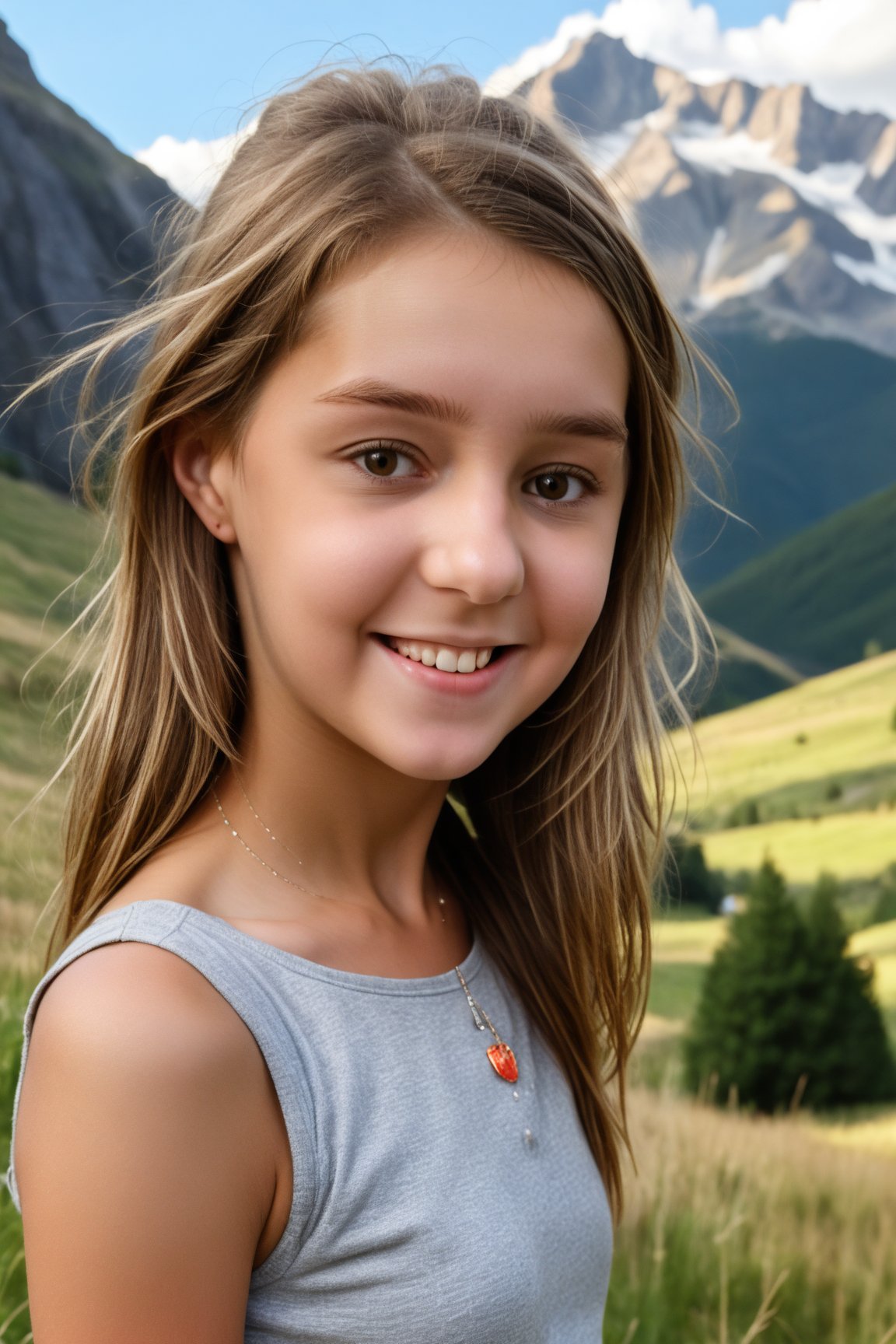 AIDA_LoRA_HanF ((beautiful cute smiling young preteen 12 yo girl)) with dark blonde hair, masterpiece,(intricate details) highly detailed, vibrant, production film, ultra high quality, photography style, Extremely Realistic, (((Dramatic light))), mountain scenery, outdoor, daylight, Masterpiece,photorealistic,base model,photography,detailed face features,source_real,