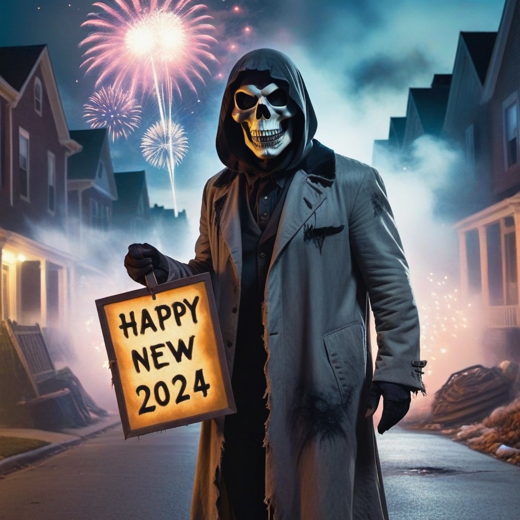 a chilling New Year's Eve image in which a Man appears, with his menacing skull mask, emitting a sinister and terrifying aura. Holding an old sign with text "HAPPY NEW YEAR 2024", dressed in tattered and torn clothes, with smoke coming from the ground. He creates a haunting scene with a street in the background, fireworks in the sky, capturing the essence of the fear and spookiness of Halloween in this haunting and captivating depiction.