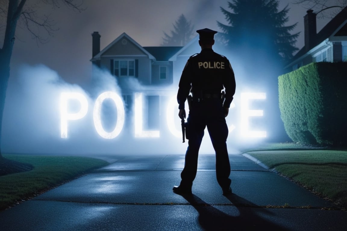 Image shows a silhouetted figure in a uniform with the word “POLICE” on the back, standing in a lighted driveway in front of a house at night. The atmosphere is mysterious and tense. The image has a dark and mysterious tone, and there is fog or smoke present, adding an ethereal or eerie feeling.