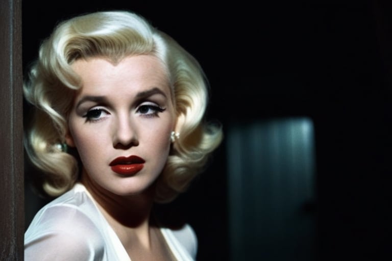 a beautiful blonde woman with makeup and hair like Marilyn Monroe. The woman watches with an intense and disturbing look. The room is dark, with a single dim light creating long, threatening shadows. Cold and desaturated colors. Focus on the woman's penetrating gaze. in the background an old attic door