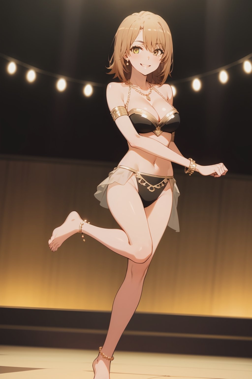 Iroha Isskiki, pretty, 1girl, solo, breasts, looking at viewer, smile, short hair, bangs, brown hair, navel, cleavage, brown eyes, jewelry, medium breasts, standing, full body, yellow eyes, earrings, one eye closed, barefoot, necklace, grin, shiny hair, bracelet, veil, pelvic curtain, armlet, anklet, thighlet, dancer, harem outfit, arabian clothes, 
