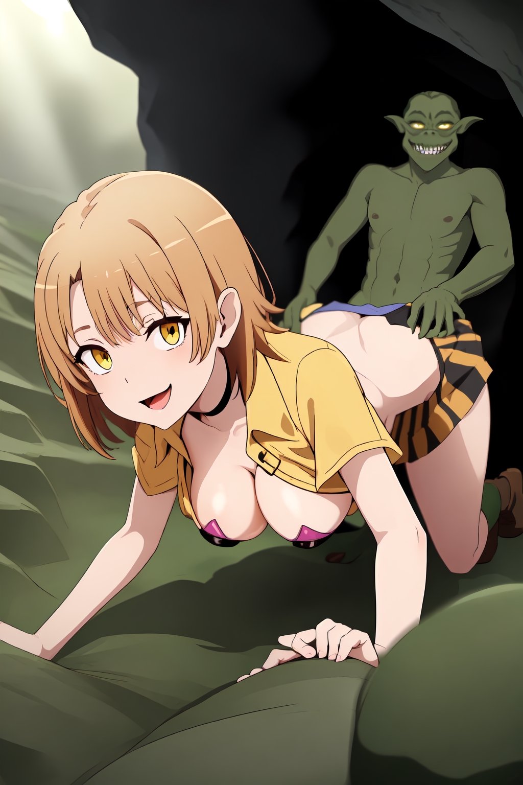 uncensored, decensored, 
High quality, best detail, beautiful picture, 

Iroha Isshiki, solo, short hair, Iroha is about 156cm, 
short body, medium-large tits, thin thighs, 
trouble smile, little open mouth, orange eyes, 
perfect fingers, perfect thumbs, 
look at viewer, welcome goblins,  

thin black choker, black micro bikini, 
Amesque, first high school girl, 
(((black micro bikini edge and strings is white))),
((white strings and edged black micro bikini tops and bottoms)), 

Her chest is open and her bikini bra is seeing from open shirt, 

((see-through pale yellow shirt)), 
(((orange mini skirt)), 

dark brown socks, dark brown shoose,

((school environment theme:1.5)), yellow shirt front full open, 
(((short sleeve pale-yellow shirt rolling up cuffs, not use buttoned, pale-yellow shirt_collor, chest wide open, shirt tied-up on stomach))),

short length shirt, 

Iroha being captured by goblins, 
dark green skin goblin, 
(((multiple goblins are surrounding iroha))),
many naked goblins are surrounding Iroha,
some nude goblins are standding behind Iroha,


in the deep cave, cave prison, large cave, 
day time, day light, wide cave full of goblins, 

orgy, group sex, rinkan, gangbang, sex, fuck, 
double penetration, fucked from behind,


very long and fat penis, 
double handjob, 


((((grabbed boobs by goblins very hard)))), 
in the cave,

Goblins are holding his dick and masturbating,

prisoner, (((grabbed her boobs))),
brabbed tits from behind, 

undressed by goblins, sucked her nipples by the goblins,

(((((grabbed her tits by the goblins very hard))))),

pale nipples, nipples on pink, erect nipples, 
((((double handjob)))), vaginal cum, 

(((lots of goblins is flocking to Iroha))),
(((grabbed boobs by goblins very hard))), 

(((she is being double handjob))), 

(((all fours))), undressed, fucked by the goblins from her behind, 
green_dicks_everywhere, double penetration, group sex, orgy, 
(((front view))),  sliding bra, seeing her nipples,  , front view doggystyle, nude, topless, DEEPTHROAT