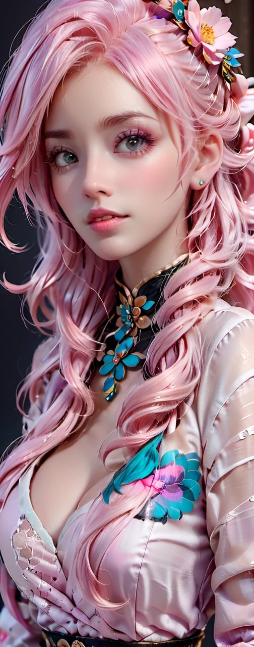 Intricate image of a Beautiful floral girl with flowy flowe-like pink hair, work of beauty and complexity, hyperdetailed facial features, 8k UHD, close-up, alberto seveso style 