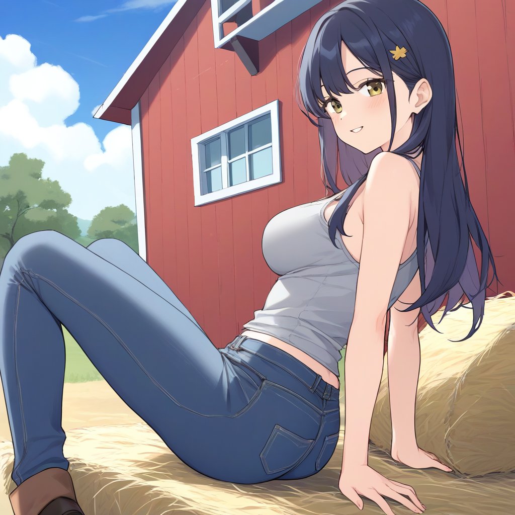 25-year-old girl, cowboy with grey tanktop, jeans, at farm house