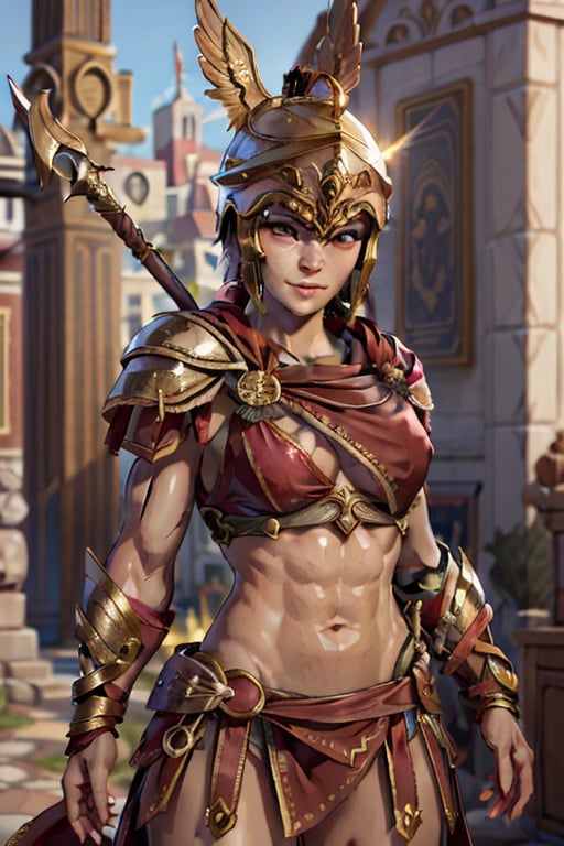 Close-up, Kassandra,  smile, red robes, sexy, abs, spartan, spartan helmeted, shield,