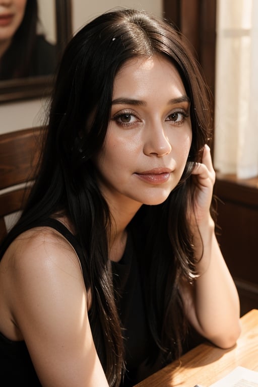 girl with brown eyes,  pale skin, soft shadows, no makeup, highly detailed, detailed face, photo of 37 y.o , a woman with long black hair sitting at a table