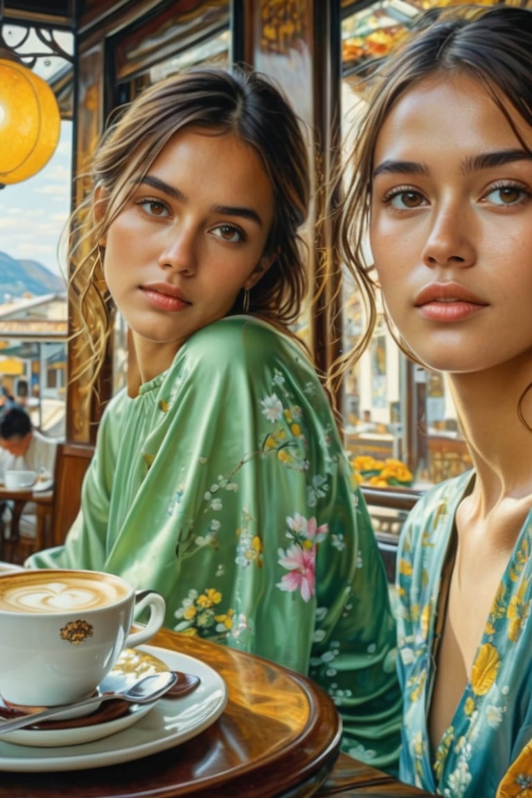 Hyper-Realistic photo of a beautiful girl sitting in a cafe,20yo,1girl,solo,detailed exquisite face,soft shiny skin,smile,looking at viewer,Jessica Alba lookalike,elegant dress,[Mint Green and Pink color]
BREAK
backdrop:oceanview cafe,table,coffee mug,window,lamp, flower,(girl focus),cluttered maximalism
BREAK
settings: (rule of thirds1.3),perfect composition,studio photo,trending on artstation,depth of perspective,(Masterpiece,Best quality,32k,UHD:1.4),(sharp focus,high contrast,HDR,hyper-detailed,intricate details,ultra-realistic,kodachrome 800:1.3),(cinematic lighting:1.3),(by Karol Bak$,Alessandro Pautasso$,Gustav Klimt$ and Hayao Miyazaki$:1.3),art_booster,photo_b00ster, real_booster