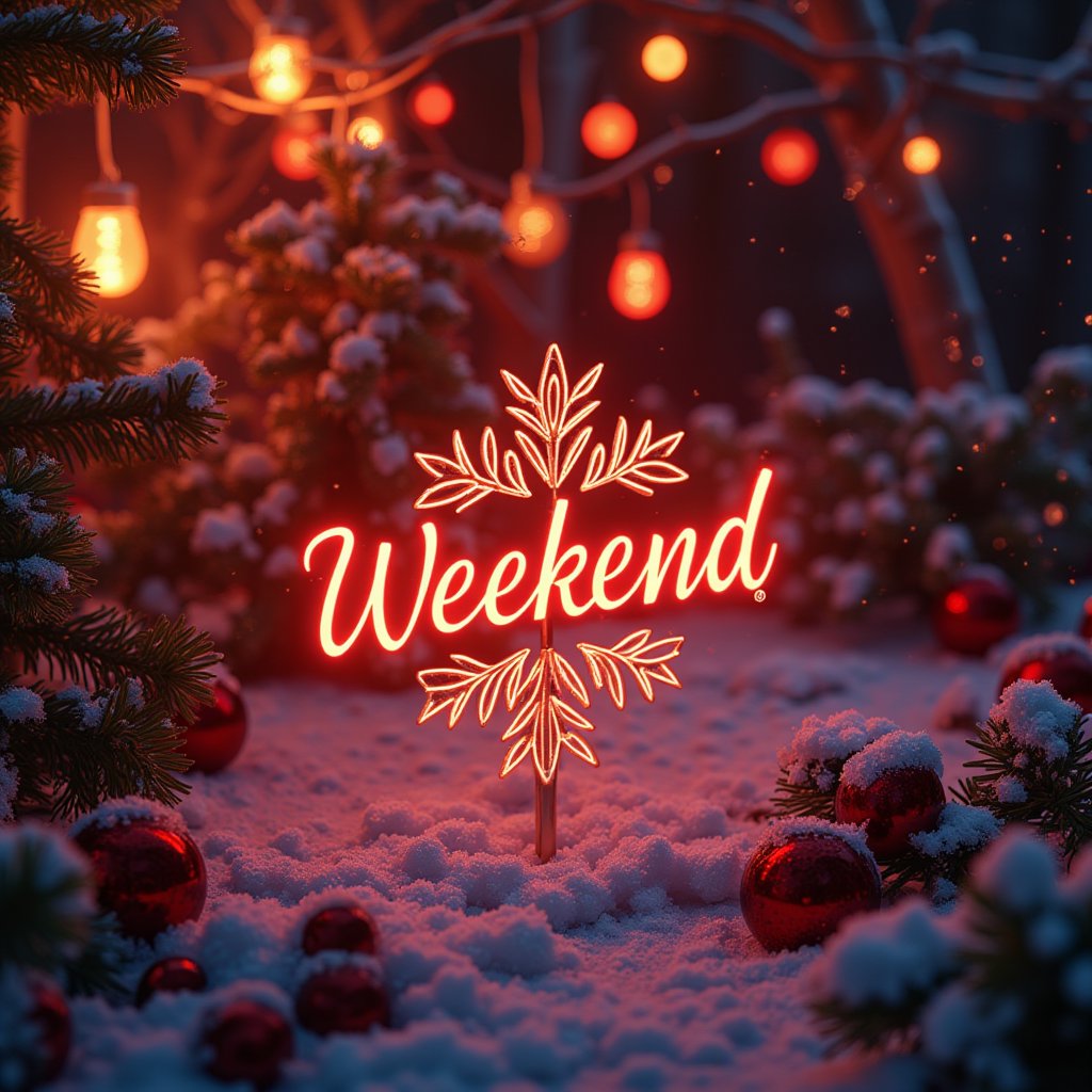 In this stunning holiday scene, the "Weekend" logo shines bright in the center, surrounded by intricate craft design details that pop against a vibrant backdrop. Snowflakes gently fall from above, their delicate edges glistening under the soft glow of twinkling lights. The atmosphere is one of joyous celebration, with festive hues and textures evoking a sense of wonder.