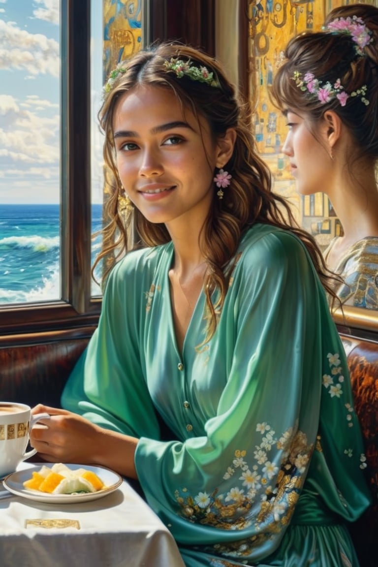 Hyper-Realistic photo of a beautiful girl sitting in a cafe,20yo,1girl,solo,detailed exquisite face,soft shiny skin,smile,looking at viewer,Jessica Alba lookalike,elegant dress,[Mint Green and Pink color]
BREAK
backdrop:oceanview cafe,table,coffee mug,window,lamp, flower,(girl focus),cluttered maximalism
BREAK
settings: (rule of thirds1.3),perfect composition,studio photo,trending on artstation,depth of perspective,(Masterpiece,Best quality,32k,UHD:1.4),(sharp focus,high contrast,HDR,hyper-detailed,intricate details,ultra-realistic,kodachrome 800:1.3),(cinematic lighting:1.3),(by Karol Bak$,Alessandro Pautasso$,Gustav Klimt$ and Hayao Miyazaki$:1.3),art_booster,photo_b00ster, real_booster