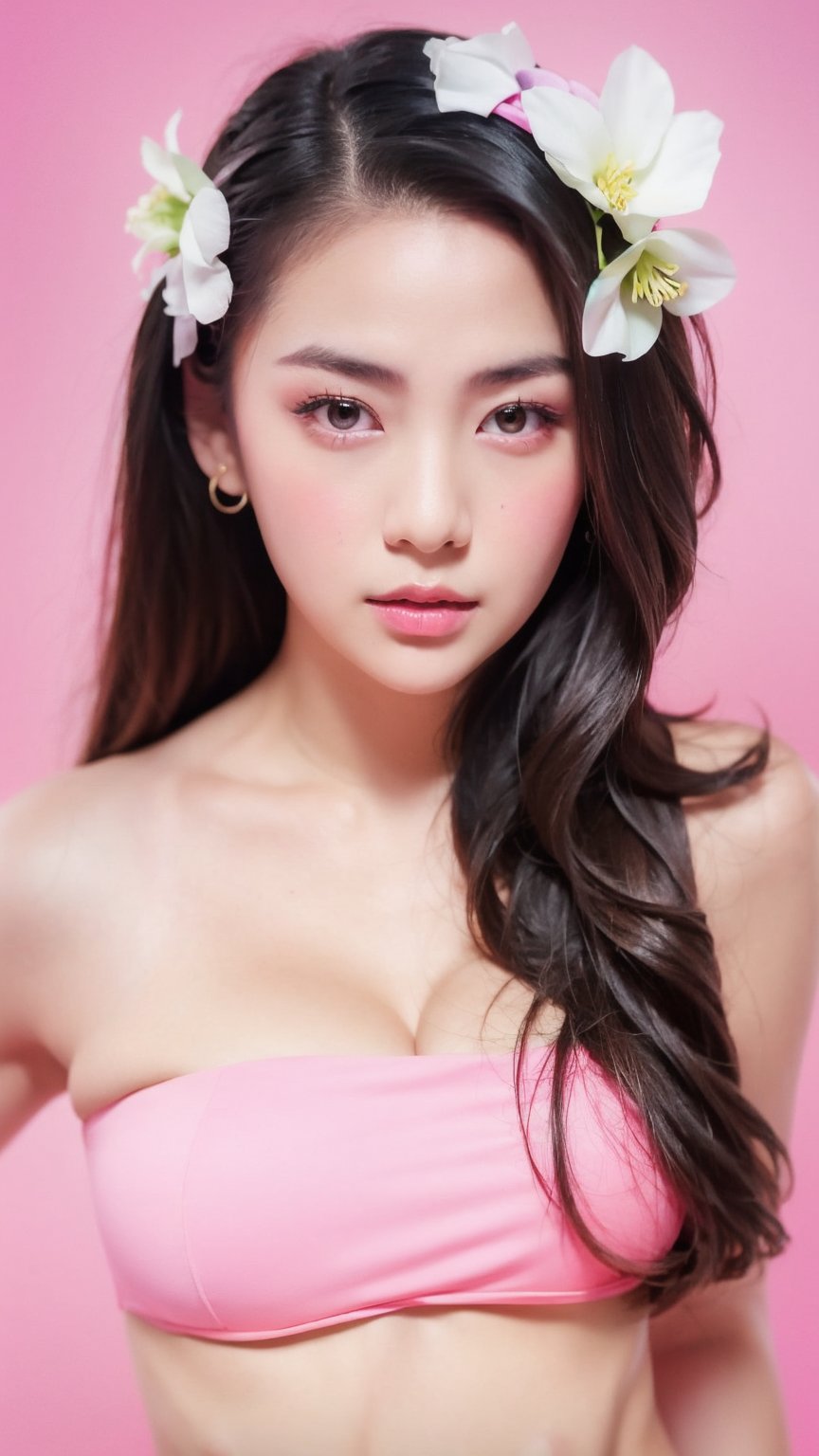 Portrait of thai girl,looking at viewer,flower behind her ear,(pink tube top),(((pink simple background))), realistic portrait, ((profile portrait))