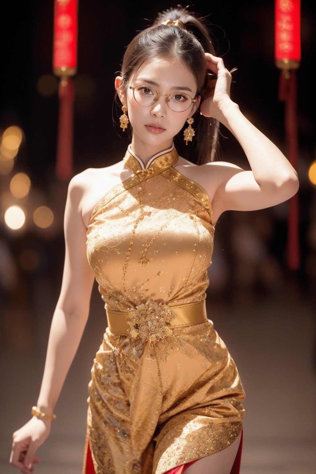 Thai girl 20 years old, round eyeglasses, high ponytail , hourglass shape, red chinese cheongsam dress with thai gold pattern on it, Chinese red festival, flares, celebration, sexy pose, cowboy shot