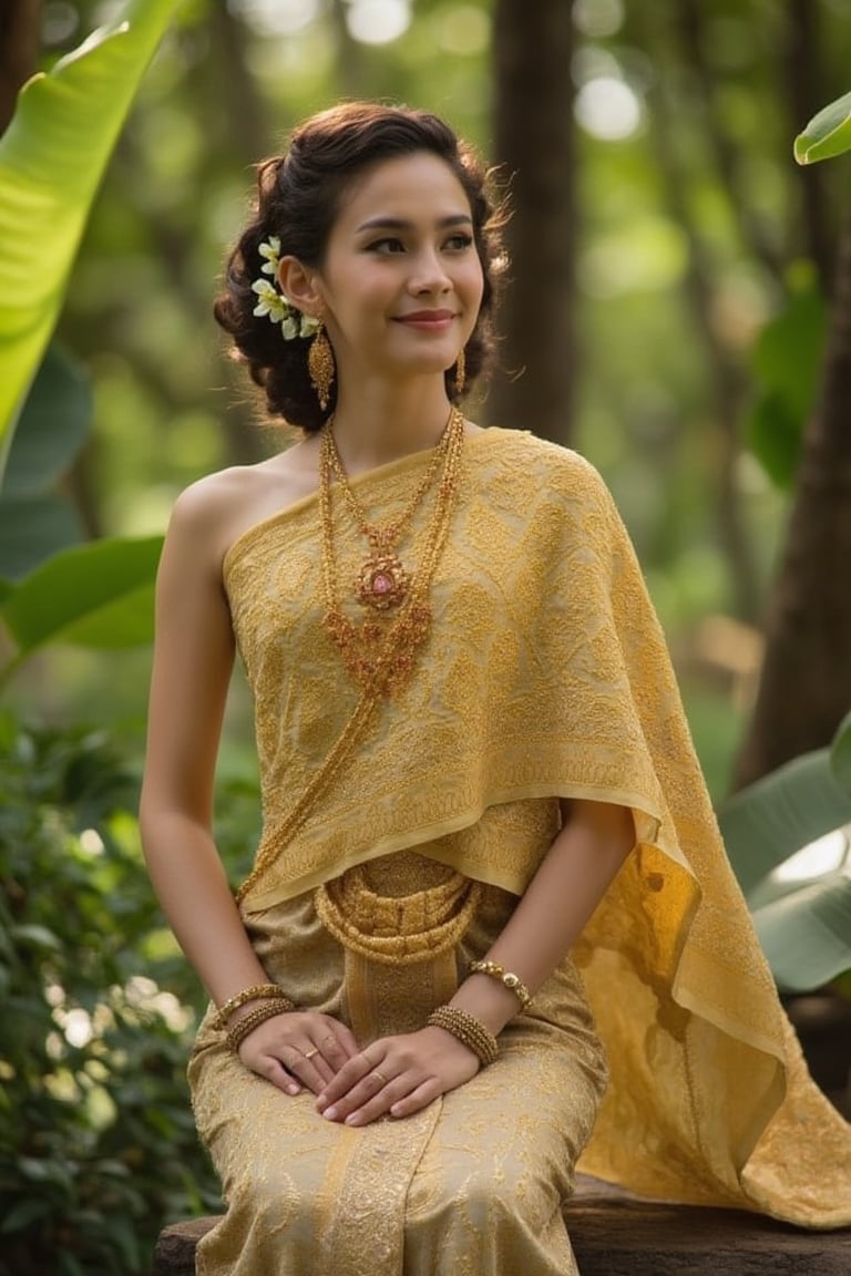 A serene and captivating portrait of a Thai girl. The subject sits elegantly amidst a lush forest, adorned in a golden traditional Thai dress, her curly brown locks framing her radiant face. Her smile, though closed-mouthed, still conveys warmth as subtle dimples appear on her cheeks. Delicate flowers adorn her hair, adding a touch of whimsy to the composition. The warm sunlight filters through the trees, casting gentle rays that illuminate her features and the intricate details of her dress.