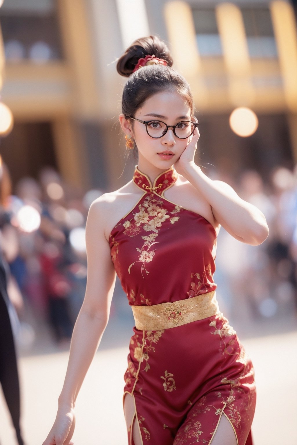 Thai girl 20 years old, round eyeglasses, high ponytail , hourglass shape, red chinese cheongsam dress with thai pattern on it, Chinese red festival, flares, celebration, sexy pose, cowboy shot