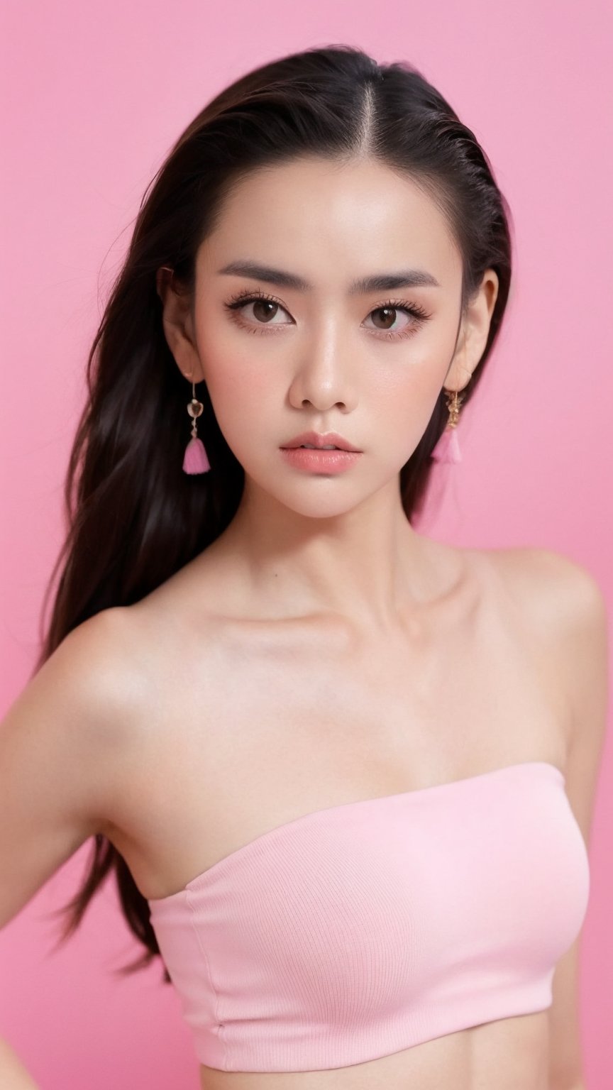 Portrait of thai girl,looking at viewer,flower behind her ear,(pink tube top),(((pink simple background))), realistic portrait, ((profile portrait))